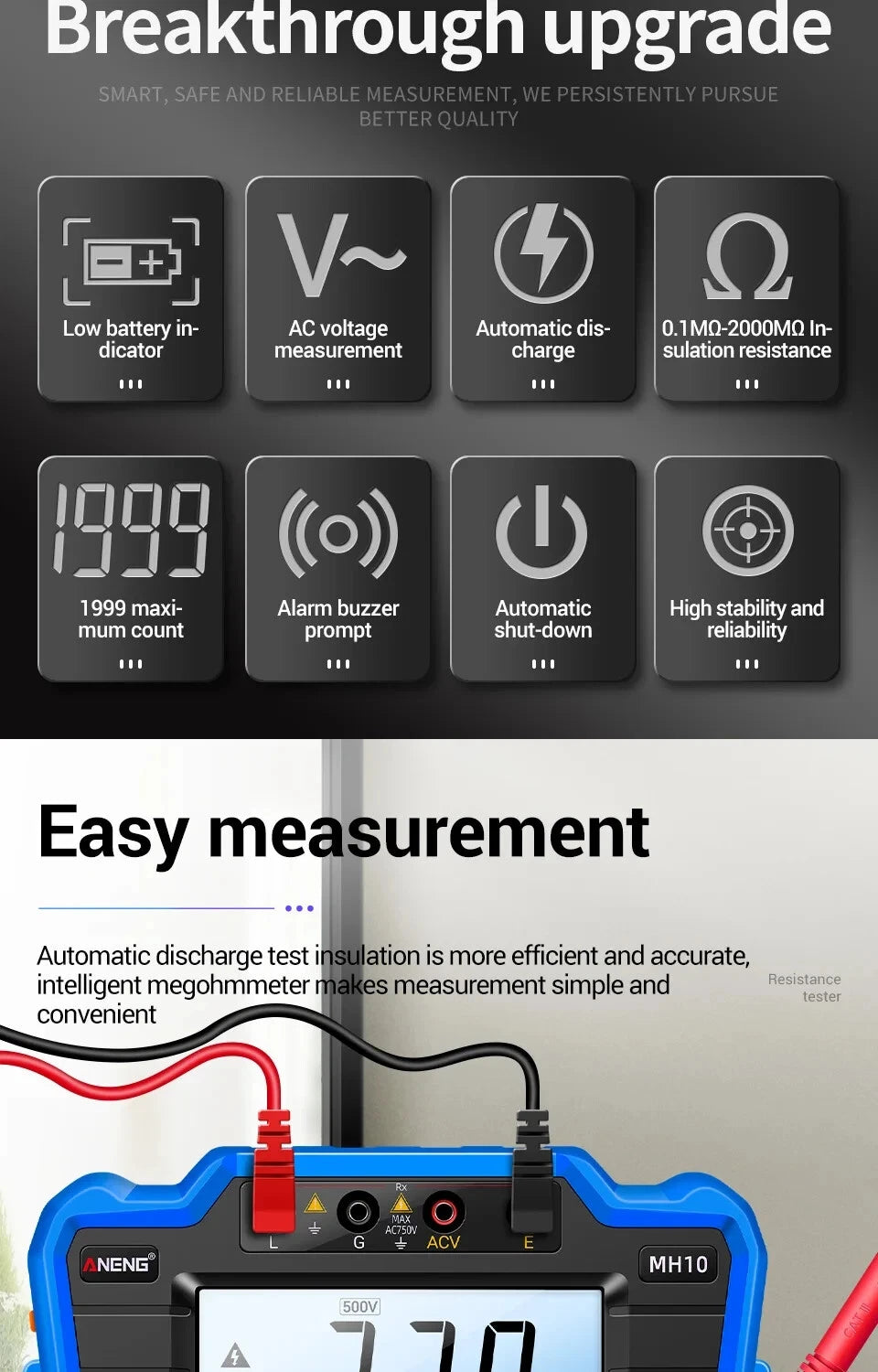 Insulation Resistance Meter Digital Megohmmeter Volt Tester Megger Voltmeter MH10