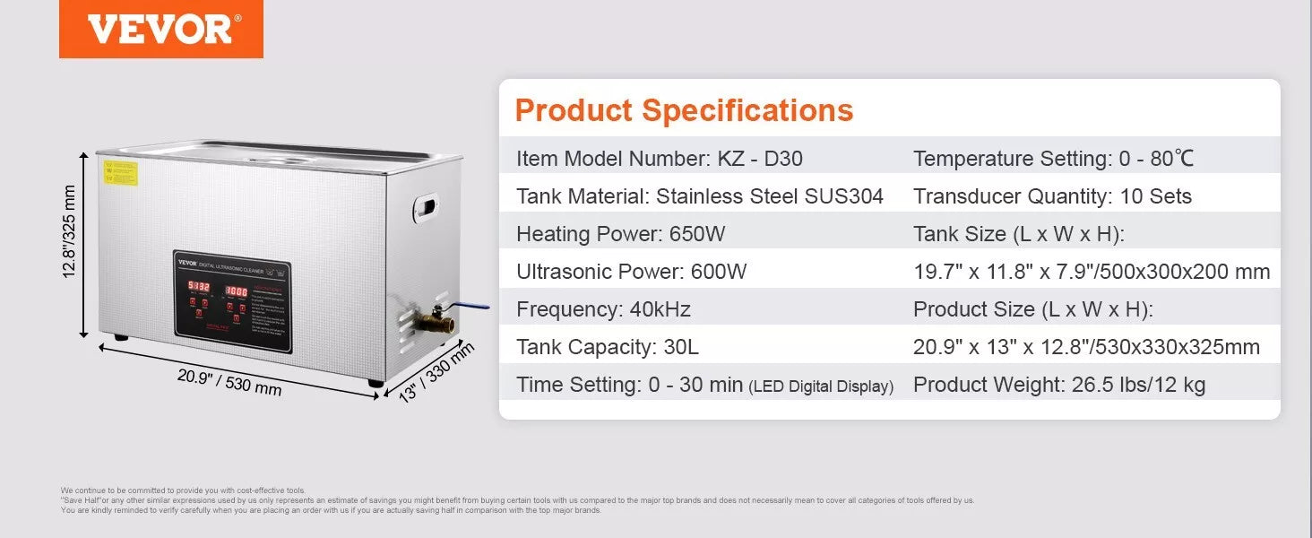 Ultrasonic Cleaning Bath 30L Digital Stainless Ultrasonic Cleaner Timer Heat