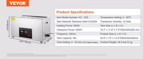 Ultrasonic Cleaning Bath 30L Digital Stainless Ultrasonic Cleaner Timer Heat
