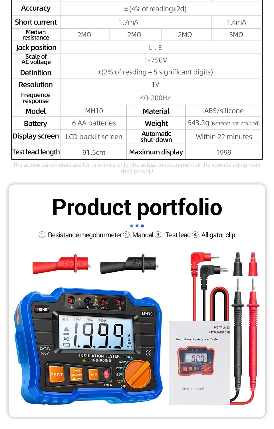 Insulation Resistance Meter Digital Megohmmeter Volt Tester Megger Voltmeter MH10
