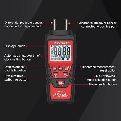 Manometer Digital Air Pressure Meter Differential Gas Tester Tool LCD Gauge HT636
