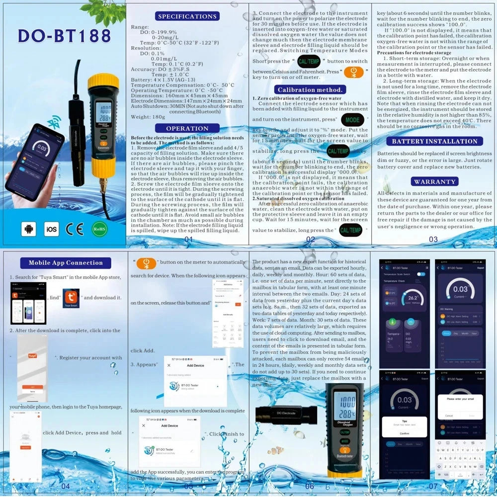 Dissolved DO Oxygen Meter Tester Measures Blue Tooth  ATC  Temp Range 0-20mg/l DO-BT188
