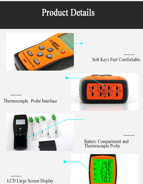 Thermometer Temperature Temp Meter K Type 4 Channel 1372°C SMART SENSOR AS887