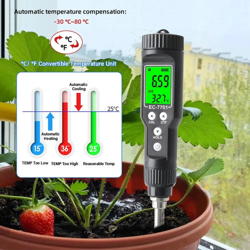 EC & Temp Meter Tester Reader for Soil Waterproof Electrical Conductivity ATC EC-7701