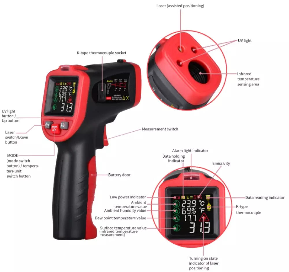 Non Contact Infrared IR Thermometer -50-650°C K Type Thermocouple UV Light For Mildew