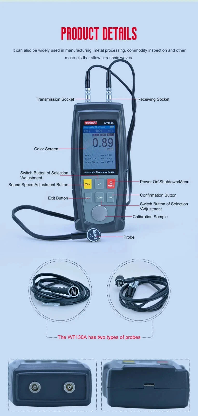 Ultrasonic Thickness Gauge Tester Coat Meter Width Car Paint WT130A