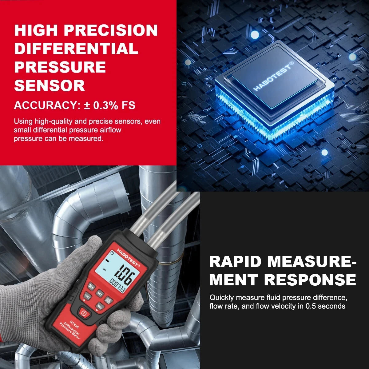 Manometer Digital Air Pressure Meter Differential Gas Tester Tool LCD Gauge HT636