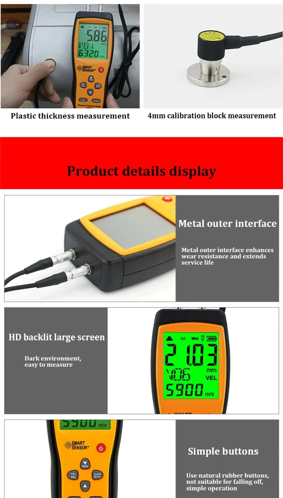Ultrasonic Thickness Gauge Tester Sound Velocity Meter Metal Width Meter AS860