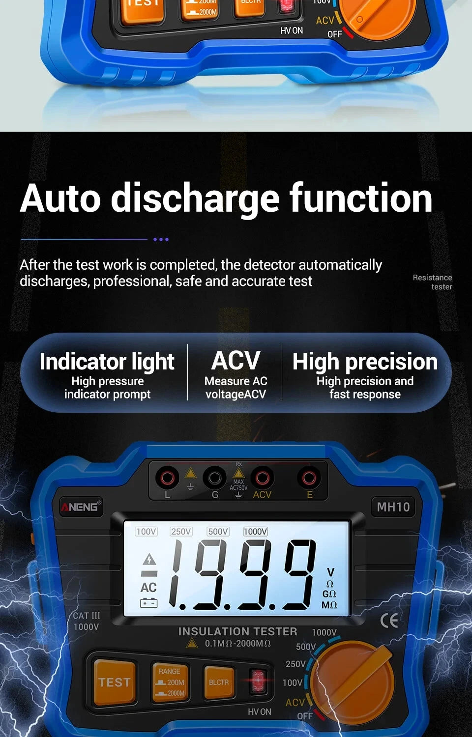 Insulation Resistance Meter Digital Megohmmeter Volt Tester Megger Voltmeter MH10