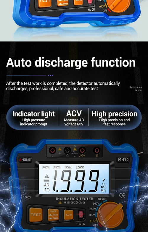 Insulation Resistance Meter Digital Megohmmeter Volt Tester Megger Voltmeter MH10