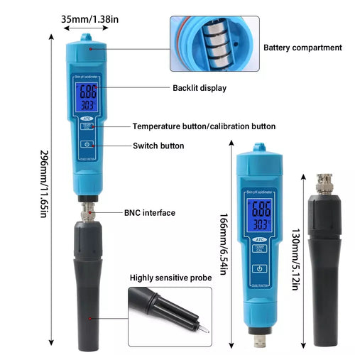 pH Meter Measures 0-14 Spear Tip Tests Tester Aquariums Hydroponics Pools Aquaponics Urine