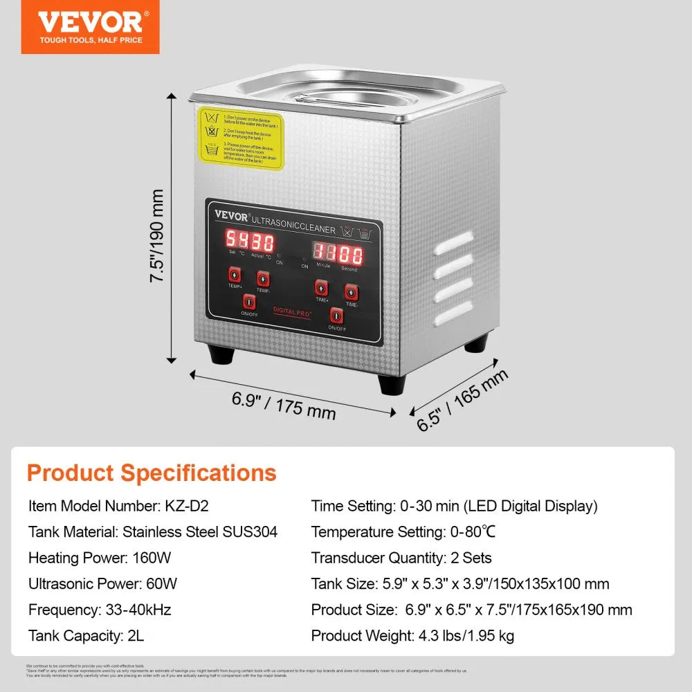 Ultrasonic Cleaner 1.3L Digital Stainless Ultra Sonic Bath Cleaning Timer Heat