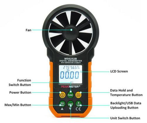 Anemometer Data logger Wind Speed Humidity Temperature Real Time 3 in 1 MS6252B