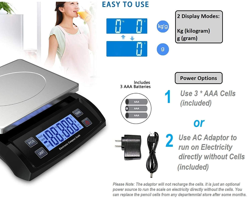 Electronic Digital Scale Balance 30kg x 1g Weighing Counting Stainless Steel Pan