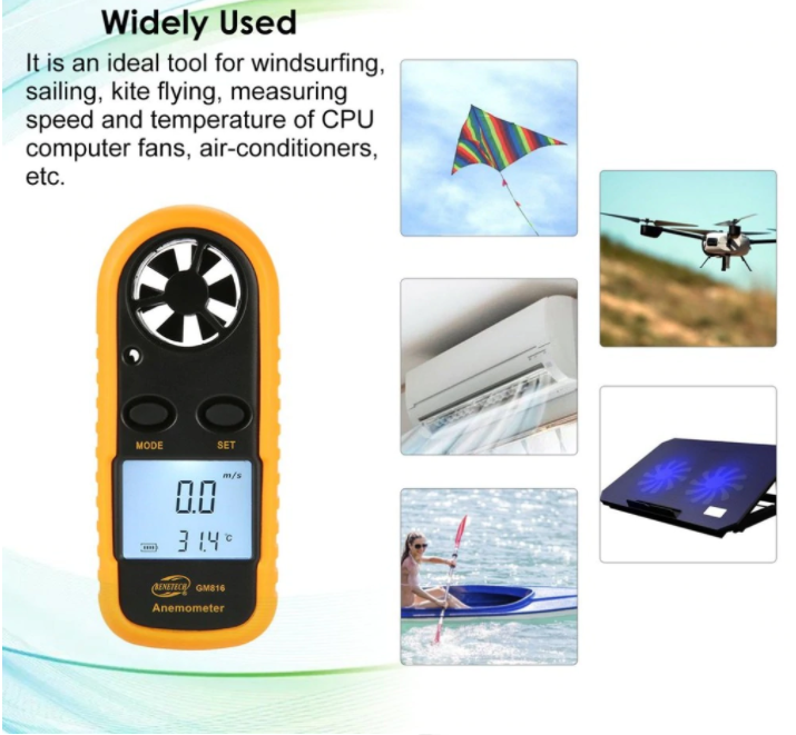 Anemometer Wind Digital Speed Temperature Meter Air Flow Gauge LCD GM816