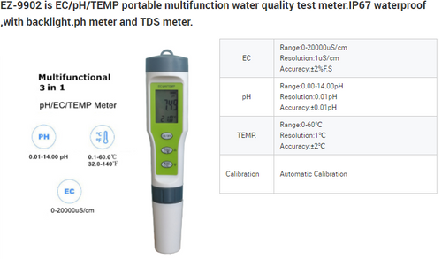 pH EC Temp 3 in 1 Meter Testers LCD Tests Conductivity Water Quality Monitor