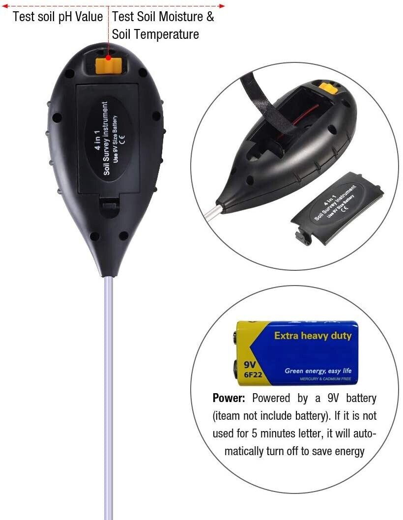 PH Tester Digital 4 in1 Measures pH Moisture Light Temperature Garden Flowers