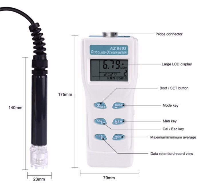 Dissolved Oxygen Meter Measures Temp & DO 99 Memory Function Probe AZ8403