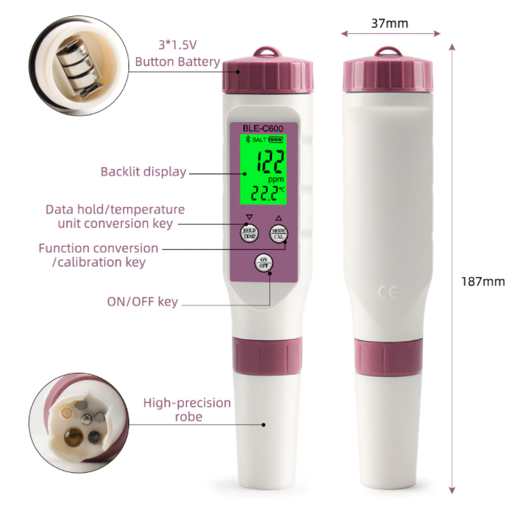 pH EC Conductivity TDS Salinity ORP SG Blue Tooth Meter 7 in 1 Tester Measures