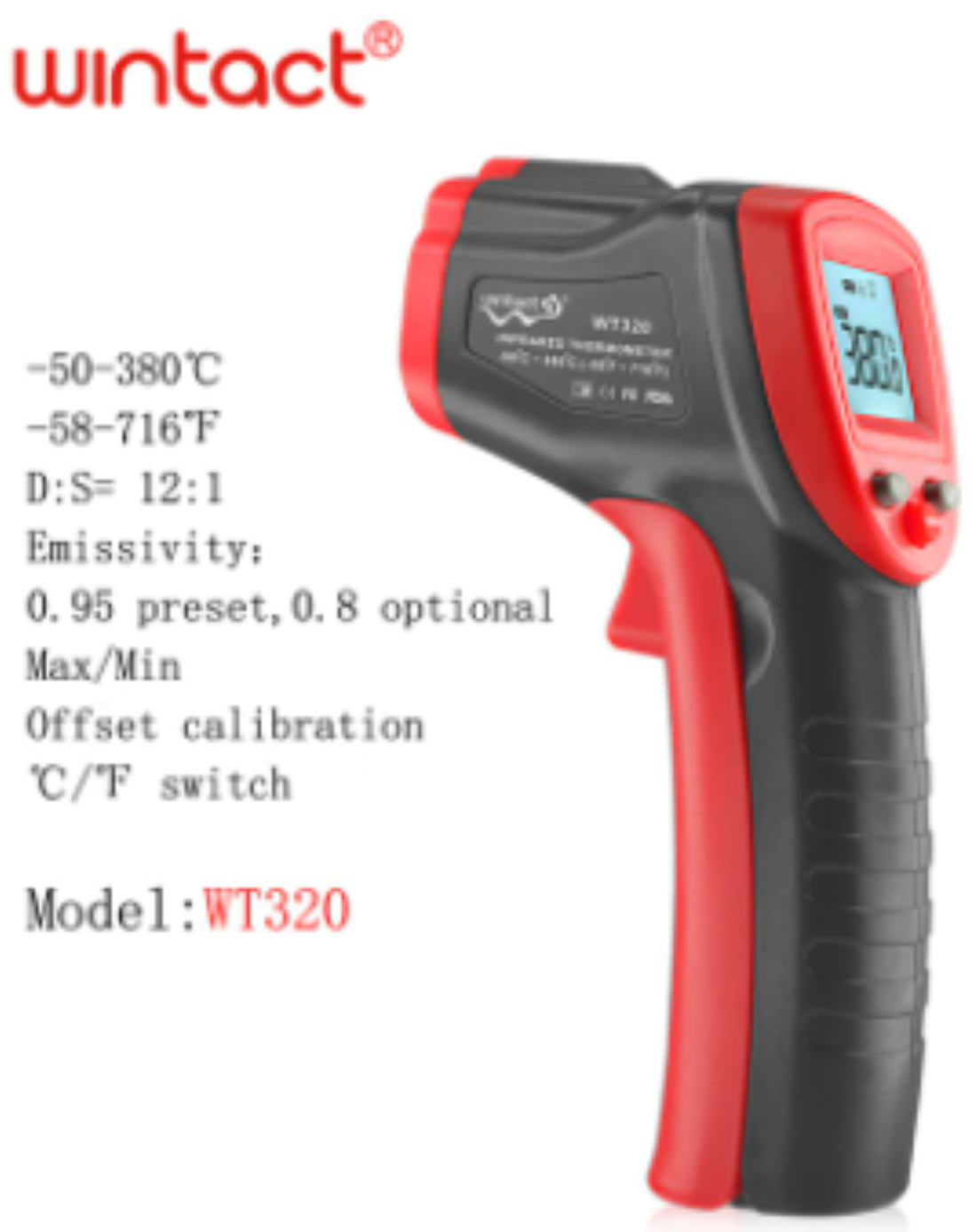 Non Contact Infrared Thermometer Temperature -50-380°C Laser Temp Gun IR WT320