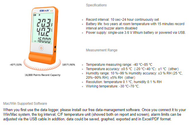 GSP-6 Temperature Humidity Data Logger Recorder Refrigerator Cold Chain 2 Probes