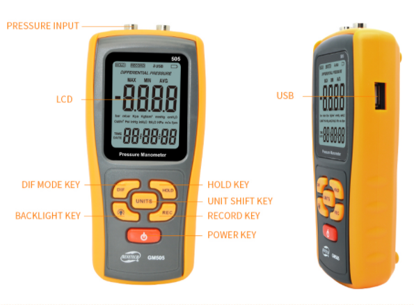 Digital Manometer Air Pressure Meter Gauge Tester Download Logs +/-10kpa GM511