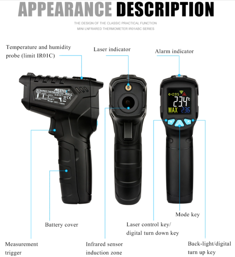 Non Contact Infrared Thermometer Temperature Meter IR Gun -50 to 380 °C Mestek