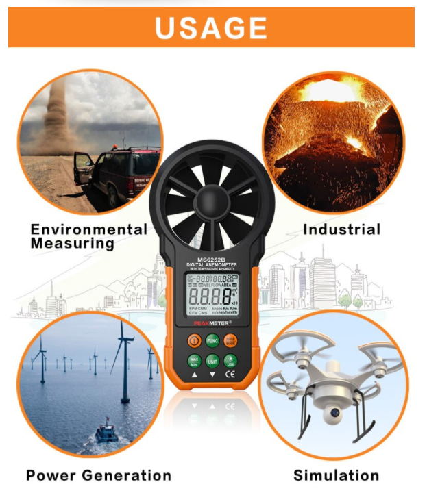 Anemometer Data logger Wind Speed Humidity Temperature Real Time 3 in 1 MS6252B