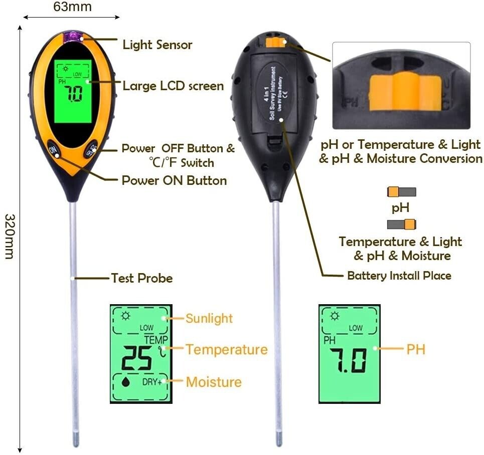 PH Tester Digital 4 in1 Measures pH Moisture Light Temperature Garden Flowers