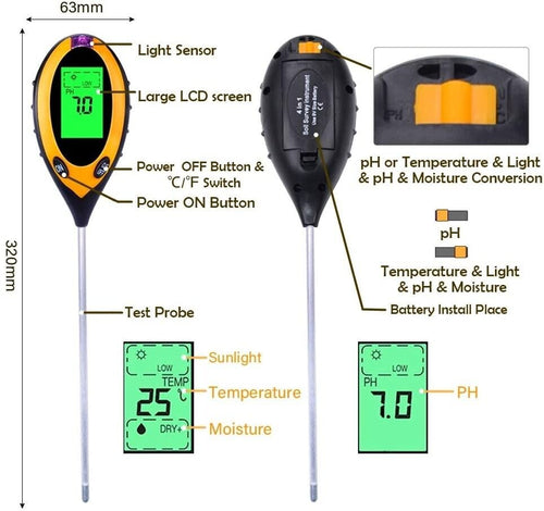 PH Tester Digital 4 in1 Measures pH Moisture Light Temperature Garden Flowers