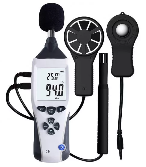 Sound Levels Lux Light Levels  Airflow % Humidity Anemometer Wind Temp Meter