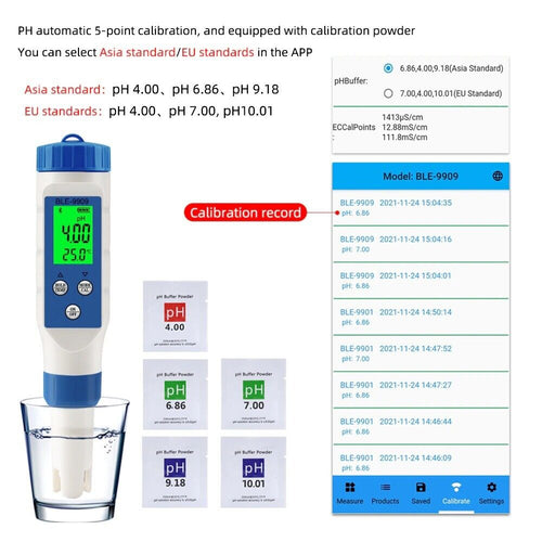 PH EC TDS Salinity TEMP 5 in 1 Meter Waterproof  with Bluetooth Data Logger