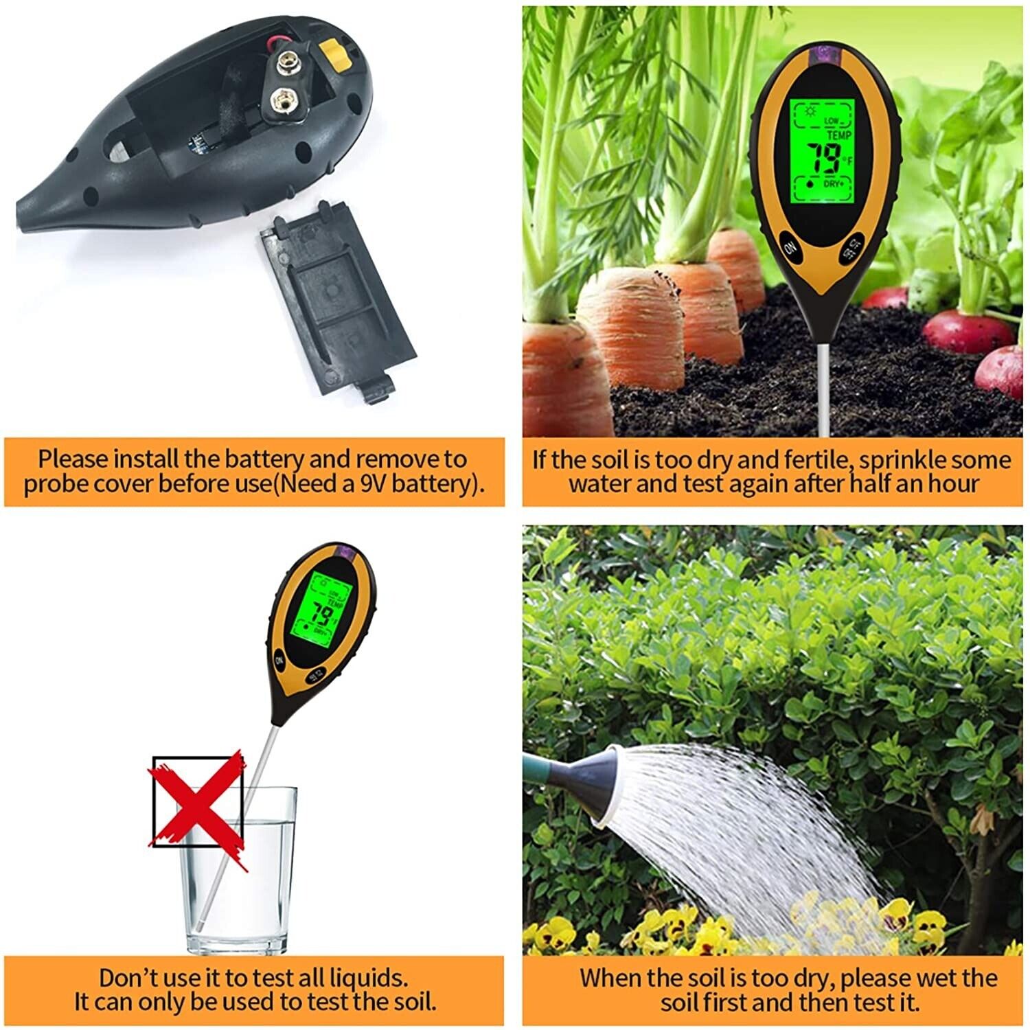 PH Tester Digital 4 in1 Measures pH Moisture Light Temperature Garden Flowers