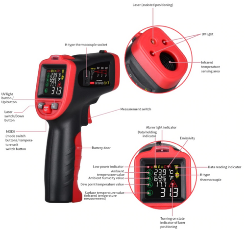 Non Contact Infrared Thermometer -50-650°C K Type Thermocouple Mildew UV Light