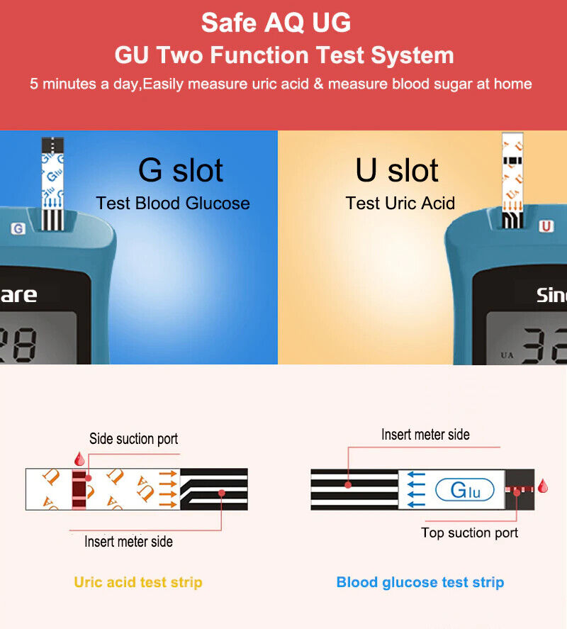 Uric Acid Blood Glucose Meter Monitor Glucometer Kit 50 test 2 in1 Multifunction