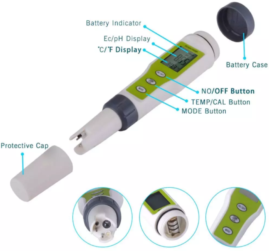 pH EC Temp 3 in 1 Meter Testers LCD Digital Display Tests Water Quality Monitor