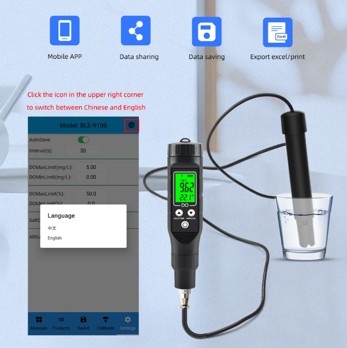 Dissolved DO Oxygen Meter Tester Measures Blue Tooth  ATC  Temp Range 0-30mg/l