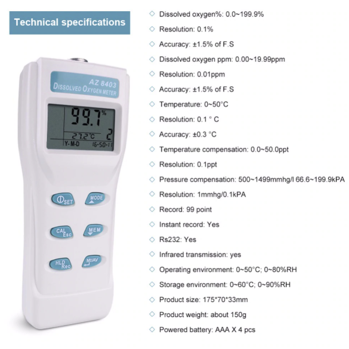 Dissolved Oxygen Meter Measures Temp & DO 99 Memory Function Probe AZ8403