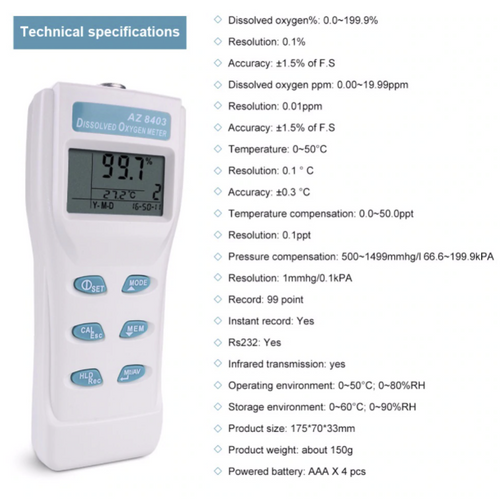 Dissolved Oxygen Meter Measures Temp & DO 99 Memory Function Probe AZ8403