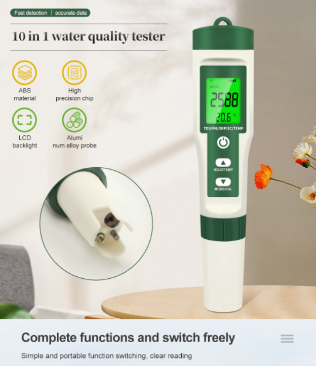 pH EC TDS Salinity ORP SG H2 NSF MΩ Temp 10 in 1 Meter Monitor Tester Reader
