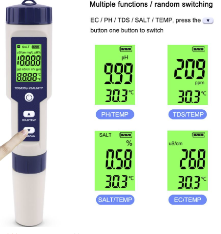 PH EC Conductivity TDS Salinity Temp 5 in 1 ATC Water Meter Monitor Tester LCD