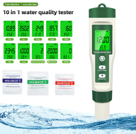 pH EC TDS Salinity ORP SG H2 NSF MΩ Temp 10 in 1 Meter Monitor Tester Reader