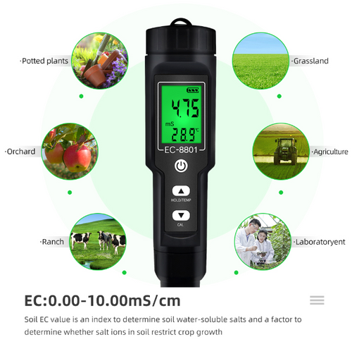EC & Temp Meter Tester Reader for Soil Waterproof Electrical Conductivity ATC