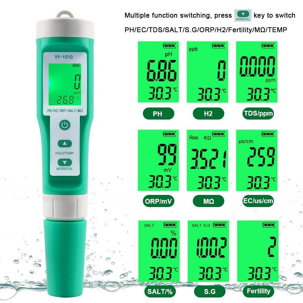 PH EC TDS ORP Salt H2 S.G Temp MΩ Fertility Meter Tester 10 in 1 Water Quality
