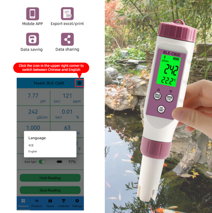 pH EC Conductivity TDS Salinity ORP SG Blue Tooth Meter 7 in 1 Tester Measures