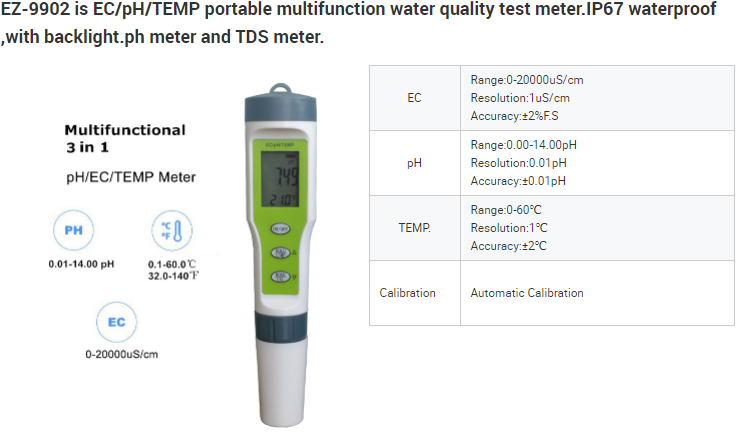 pH EC Temp 3 in 1 Meter Testers LCD Digital Display Tests Water Quality Monitor