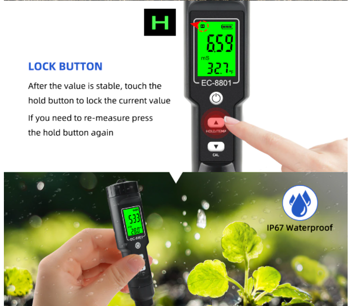 EC & Temp Meter Tester Reader for Soil Waterproof Electrical Conductivity ATC
