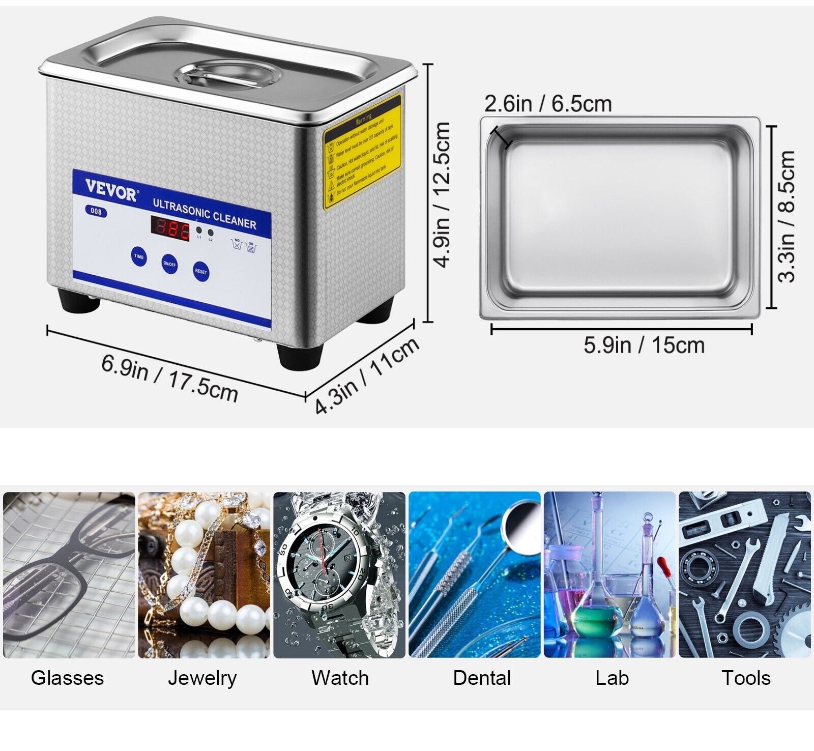 Ultrasonic Cleaner Bath Digital Portable 0.8L 800ml Tank With Timer VEVOR