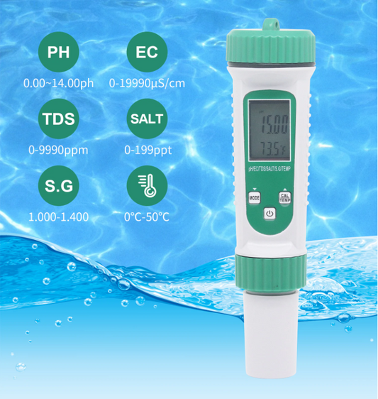 pH EC Conductivity TDS Salinity SG Temp measure 6 in 1 Meter Monitor Tester