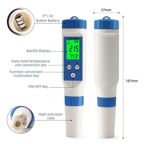 PH EC TDS Salinity TEMP 5 in 1 Meter Waterproof  with Bluetooth Data Logger